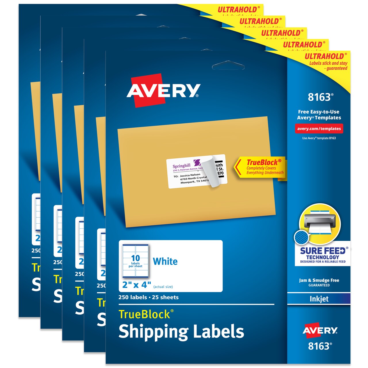Avery Printable Shipping Labels with Sure Feed, 2" x 4" Customizable Stickers, White, 250 Blank Mailing Labels, Great for Mailing, Shipping, and More (8163) - 5 Pack